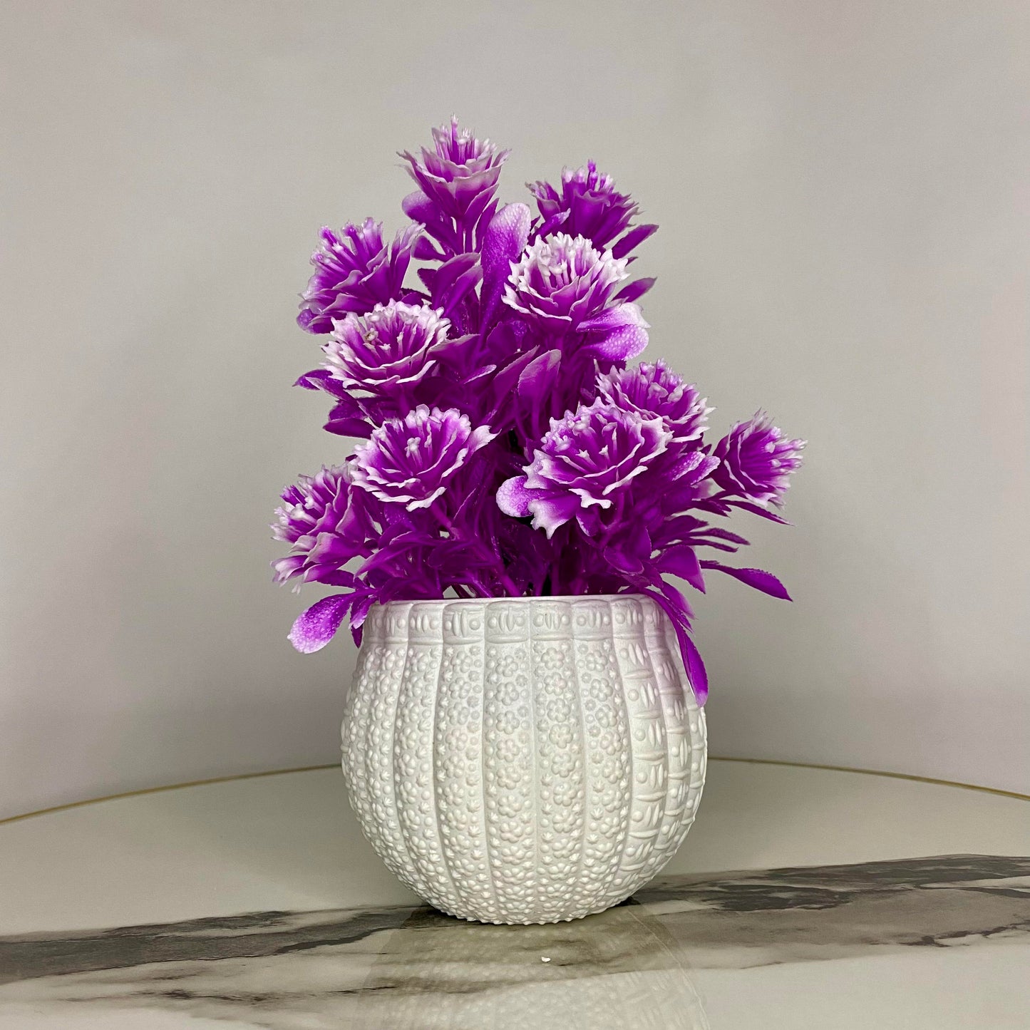 Mini Artificial Flower Pot with flowers - Purple Flowers and leaves with White pot artificial elegant artistic Pots small table vase guldan for home and office decoration Flowers & leaves