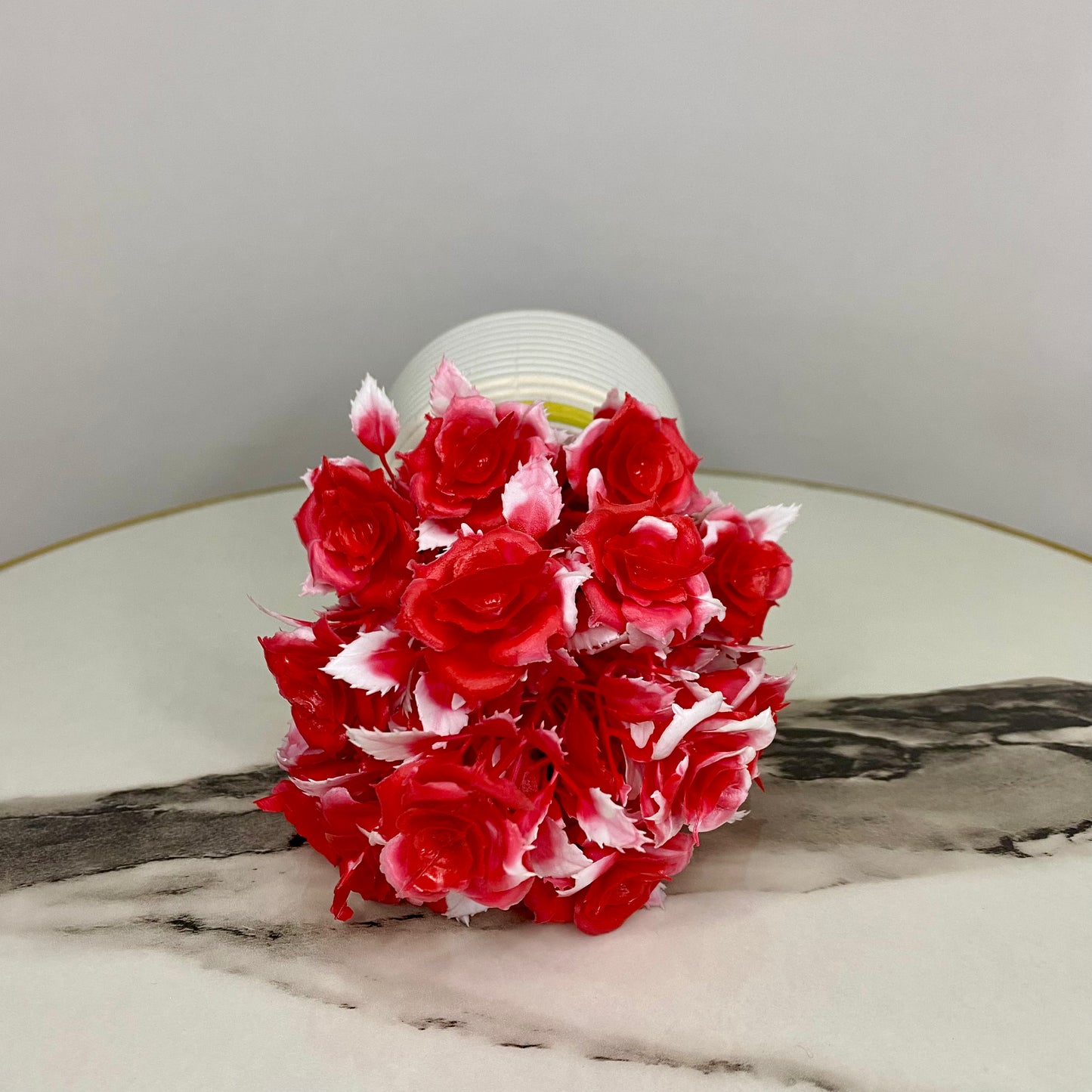 Artificial Mini Red Flower Plant with Golden Collar Pot small table vase guldan for Home, Kitchen and Office Decor