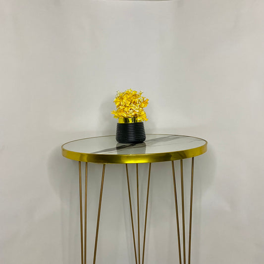 Mini Artificial Flower Pot with flowers - Yellow Flowers and leaves with black pot and golden collar artificial elegant artistic Pots small table vase guldan for home and office decoration Flowers & leaves