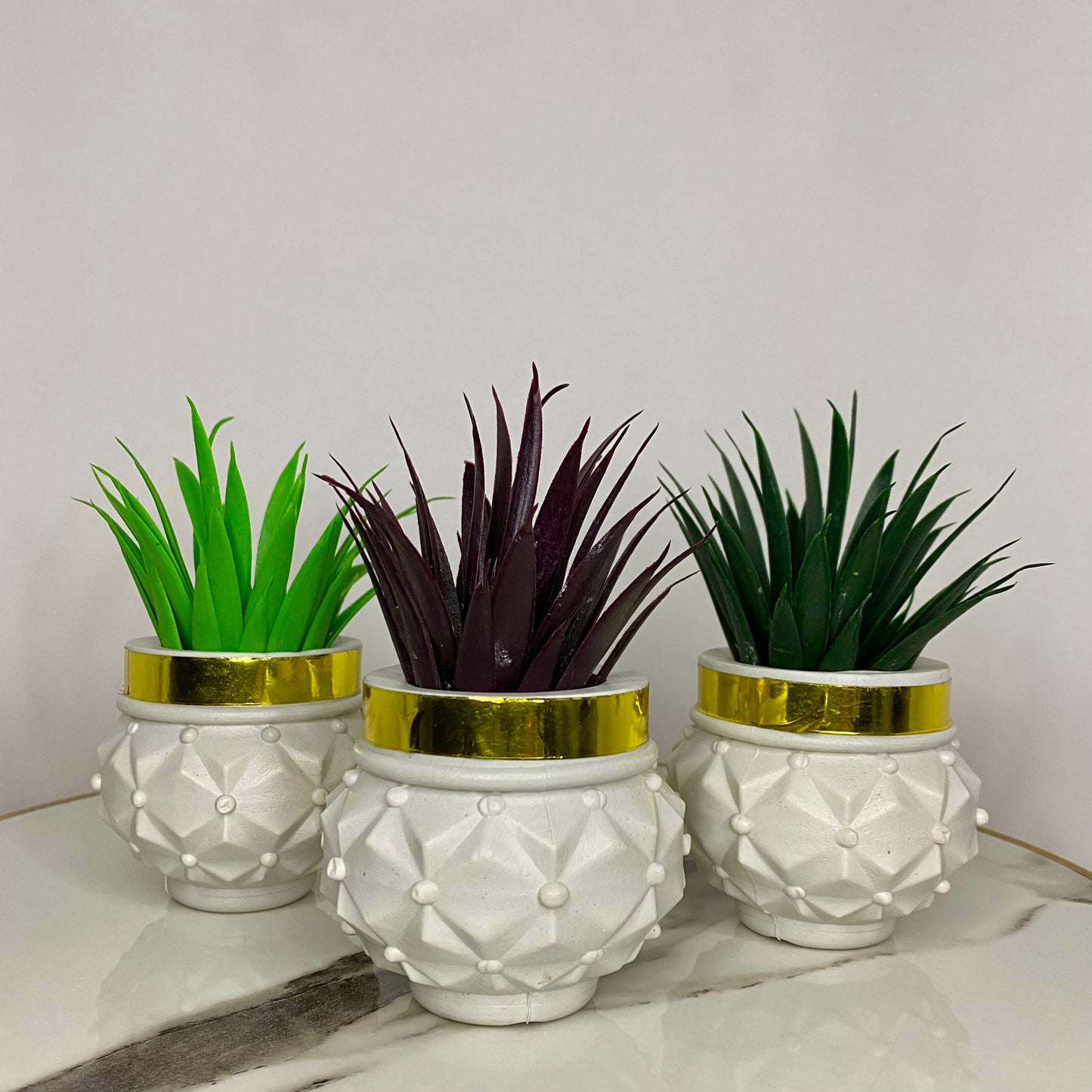 Artificial Cute Mini Shrub Plants with Golden Collar Pot small table vase guldan for Home, Kitchen and Office Decor