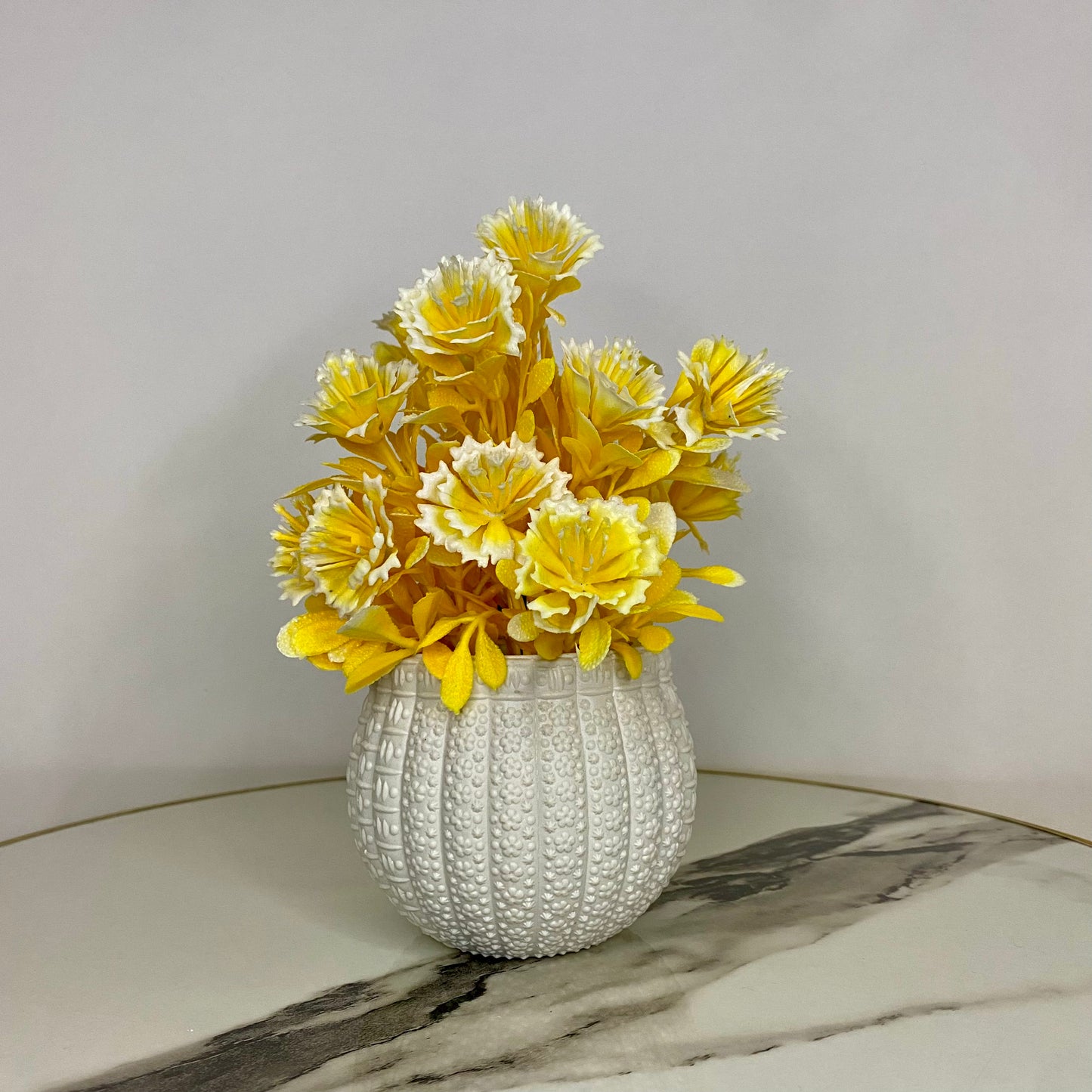 Mini Artificial Flower Pot with flowers - Yellow Flowers and leaves with White pot artificial elegant artistic Pots small table vase guldan for home and office decoration Flowers & leaves