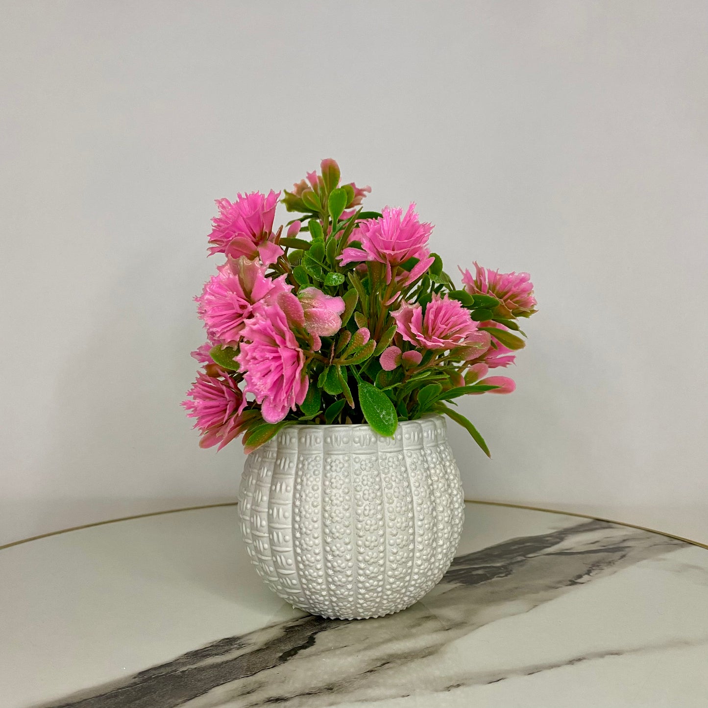 Mini Artificial Flower Pot with flowers - Pink Flowers and Green leaves with White pot artificial elegant artistic Pots small table vase guldan for home and office decoration Flowers & leaves