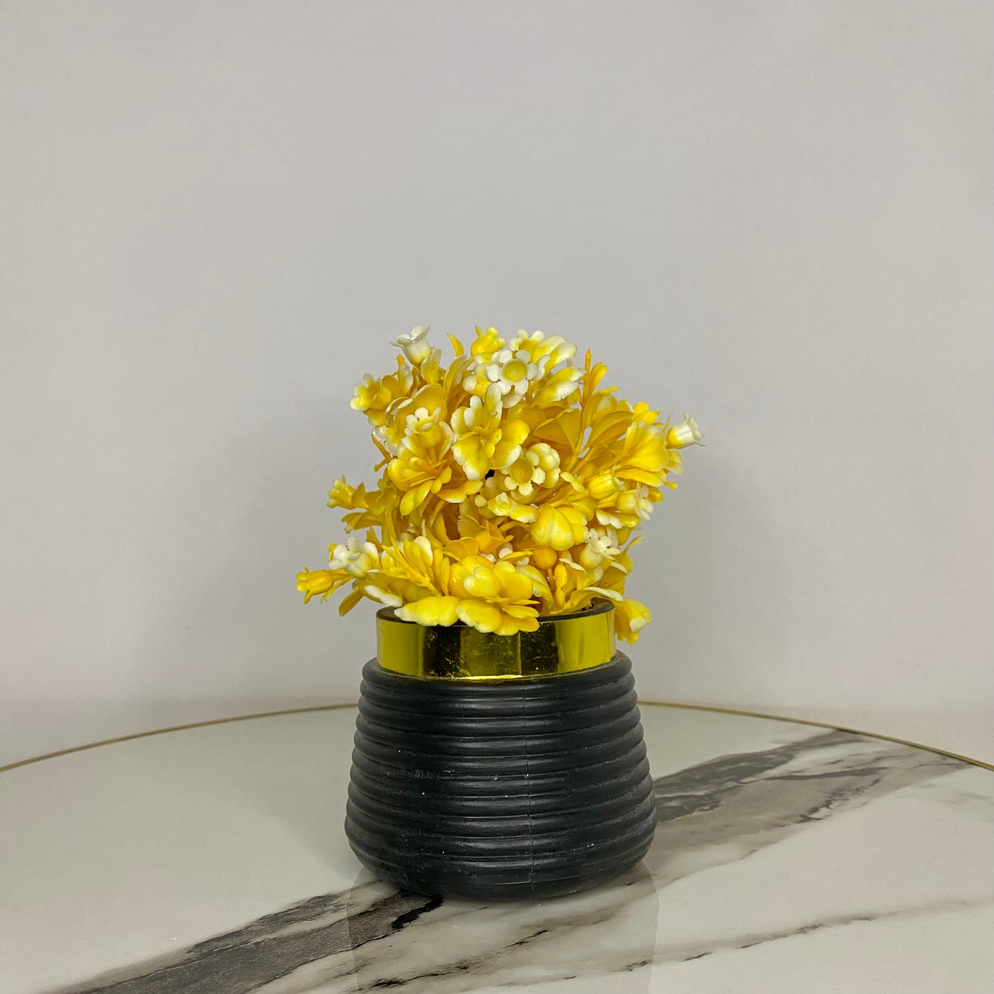 Mini Artificial Flower Pot with flowers - Yellow Flowers and leaves with black pot and golden collar artificial elegant artistic Pots small table vase guldan for home and office decoration Flowers & leaves
