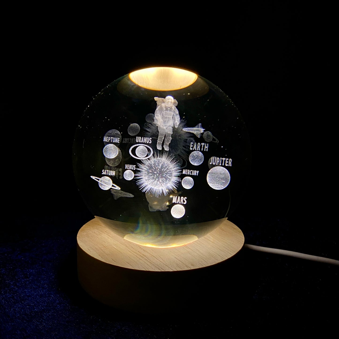 3D Crystal Ball Lamp | Night Light with Wooden Base | 3D Glass Ball Lamp | LED USB Table Lamp for Kids, Teens, Desktop and Home Decor