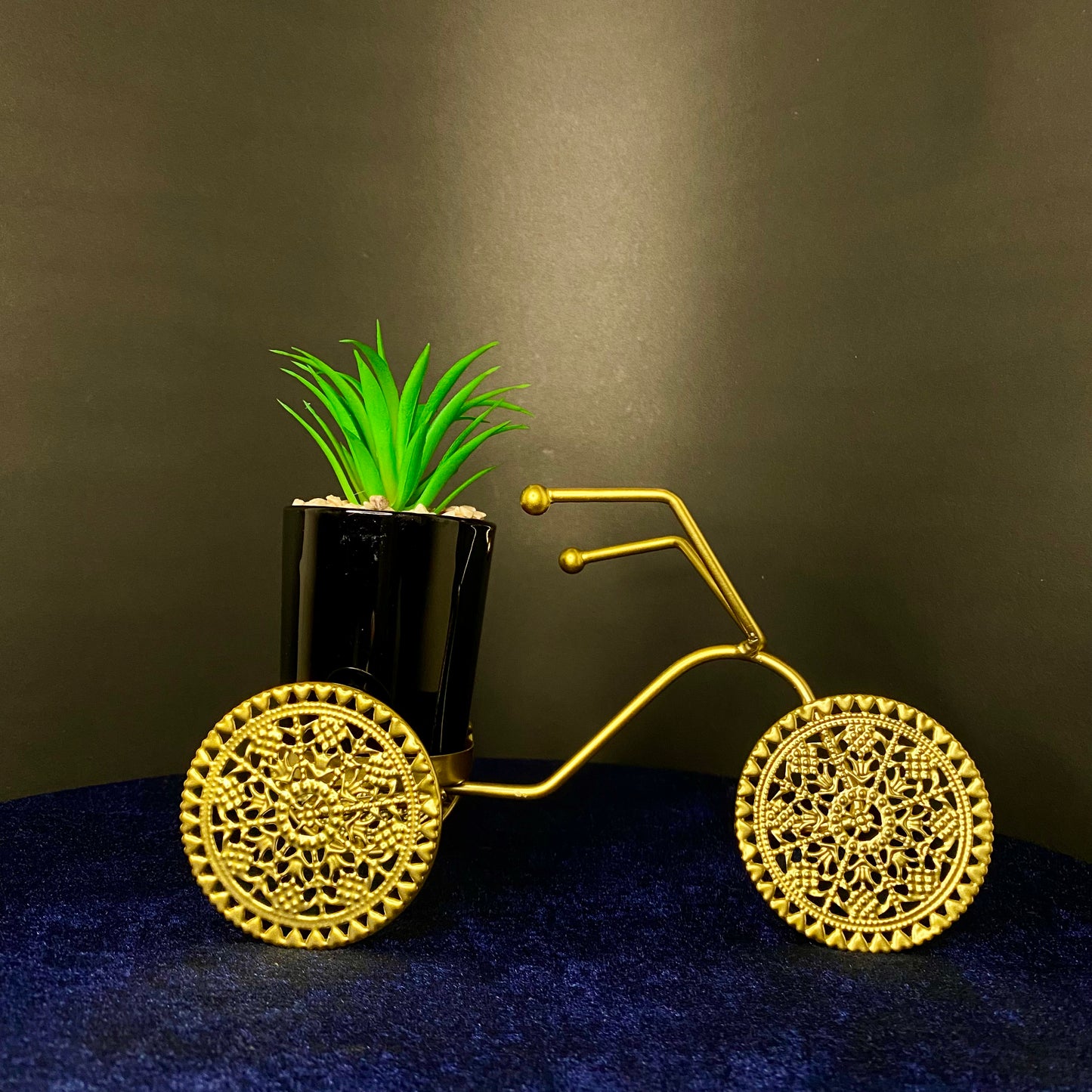 Golden Metal Tricycle with Ceramic Pot, Mini Artificial Plant Decor for Living Room, Dinning Room, Office desk, Home