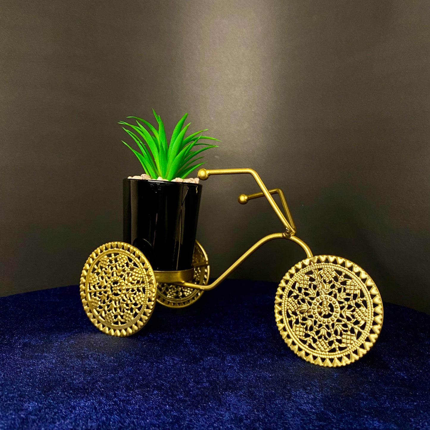 Golden Metal Tricycle with Ceramic Pot, Mini Artificial Plant Decor for Living Room, Dinning Room, Office desk, Home