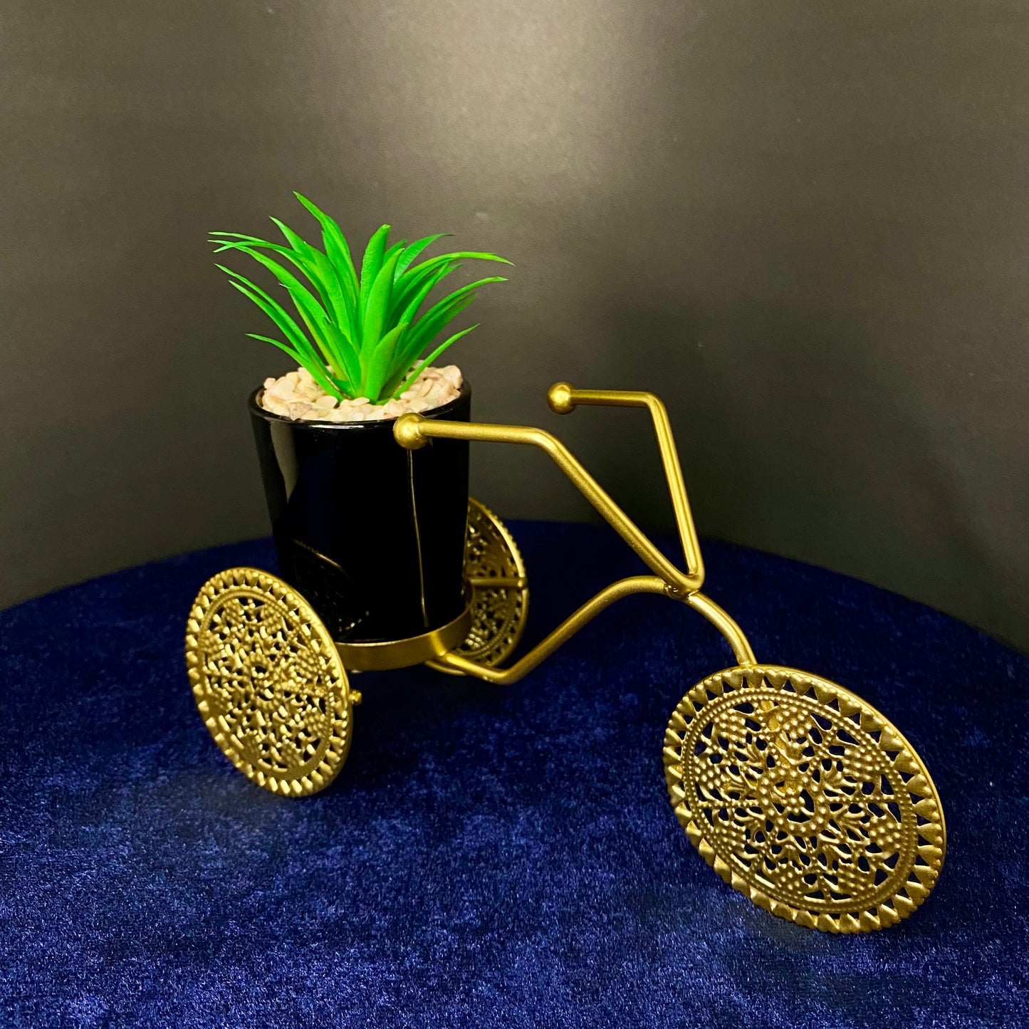 Golden Metal Tricycle with Ceramic Pot, Mini Artificial Plant Decor for Living Room, Dinning Room, Office desk, Home