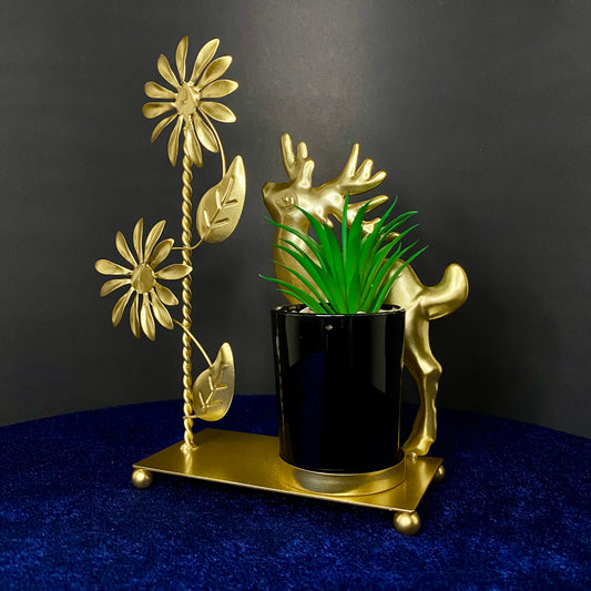 Golden Metal Decoration Item Deer and tree with Ceramic Cactus Port, Home Miniature Ornament, Iron Exquisite Home Decor For Living Room, Dinning room, Office Desk, Home