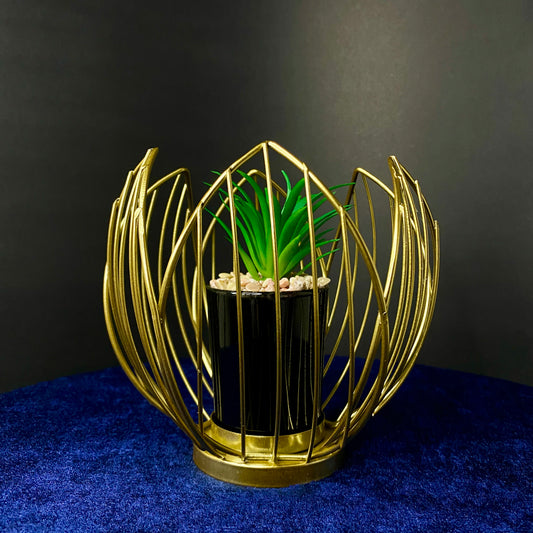 Golden Metal Leaf Cage with Ceramic Pot Plant, Mini Artificial Plant Decor for Living Room, Dinning Room, Office desk, Home