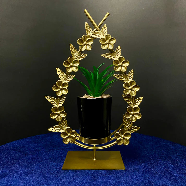 Gold Metal Drop Floral Frame with Artificial Plant Ceramic Pot Decoration for Living Room, Dinning Room, Office desk, Home