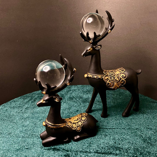 Black & Gold Reindeer with Crystal Balls, Figurines Ornaments, Deer Statues for Home Table Decor, Traditional Showpiece, Figurine Modern Decorative