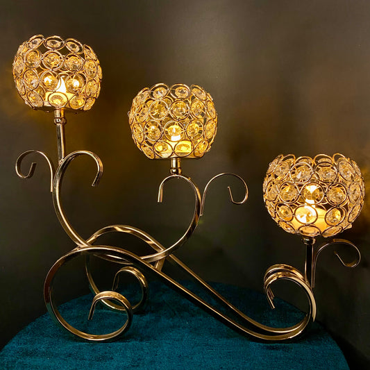 3 Step Crystal Candle Holder Globe, 3 Arm Candelabra with LED Candles Wedding Table Centerpiece Home Decor Golden