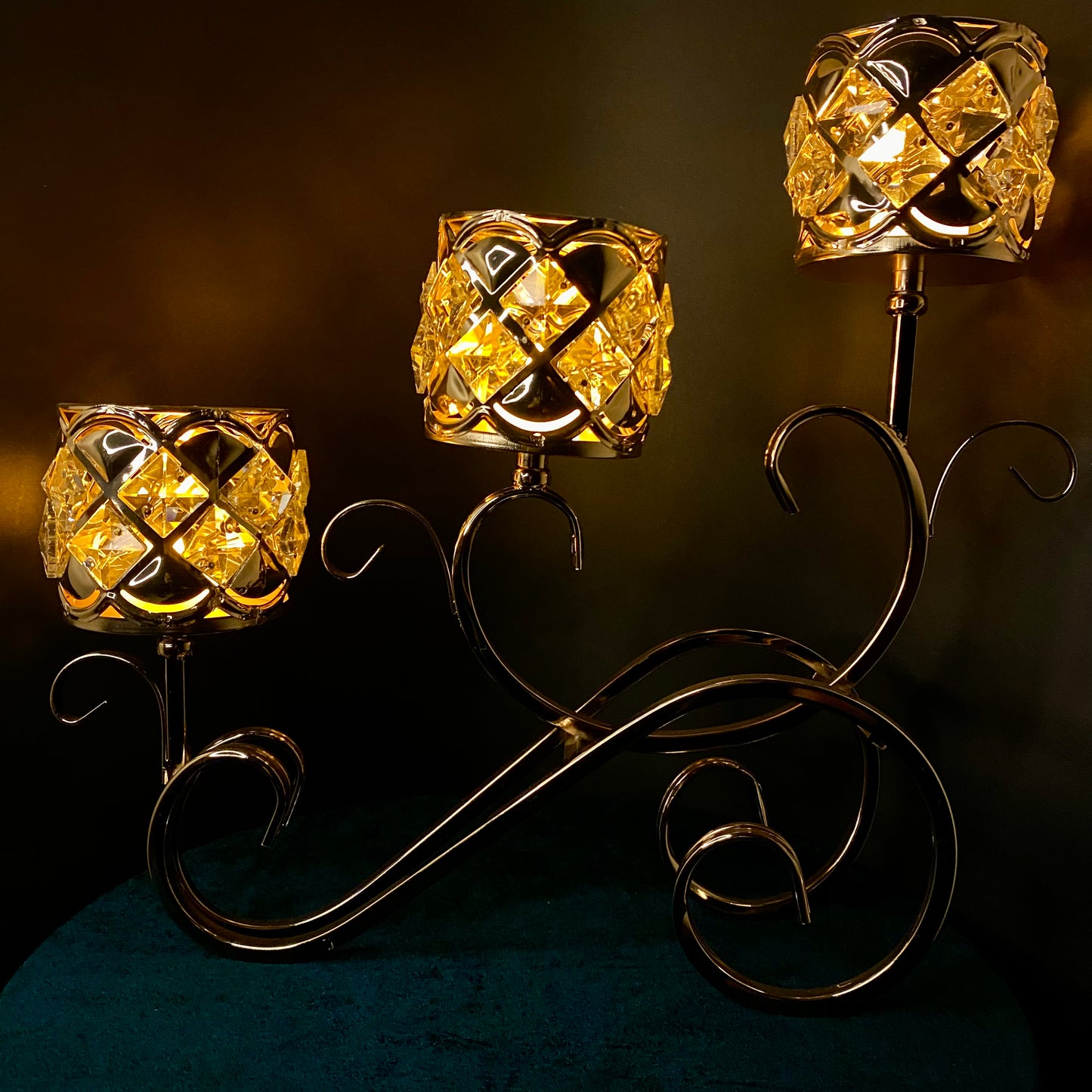3 Step Crystal Candle Holder Cylindrical, 3 Arm Candelabra with LED Candles Wedding Table Centerpiece Home Decor Golden