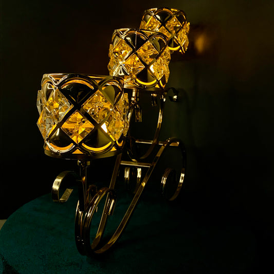 3 Step Crystal Candle Holder Cylindrical, 3 Arm Candelabra with LED Candles Wedding Table Centerpiece Home Decor Golden