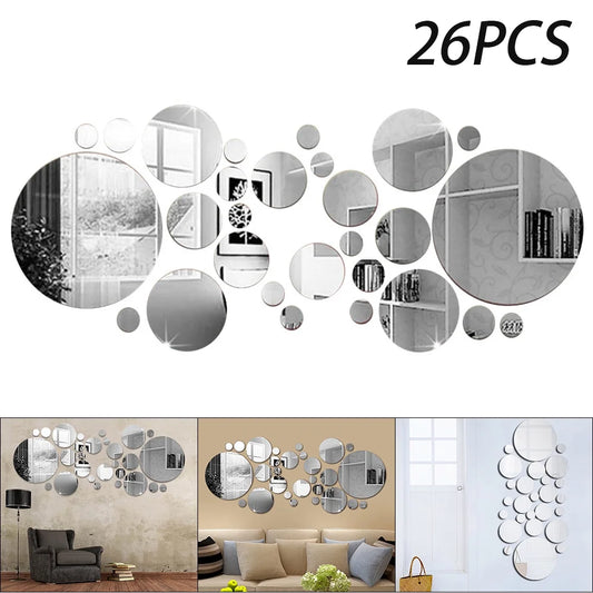 26 Pieces Acrylic Mirror Wall Sticker Round Mirror Decal Self-Adhesive Wall Sticker Decal DIY Removable Mural Decoration for Home Living Room Bedroom Bathroom Windows Doors Office