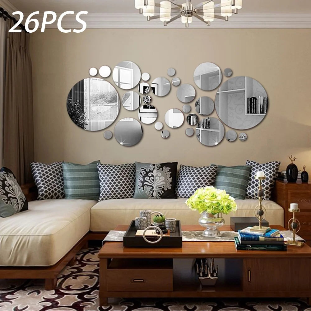 26 Pieces Acrylic Mirror Wall Sticker Round Mirror Decal Self-Adhesive Wall Sticker Decal DIY Removable Mural Decoration for Home Living Room Bedroom Bathroom Windows Doors Office