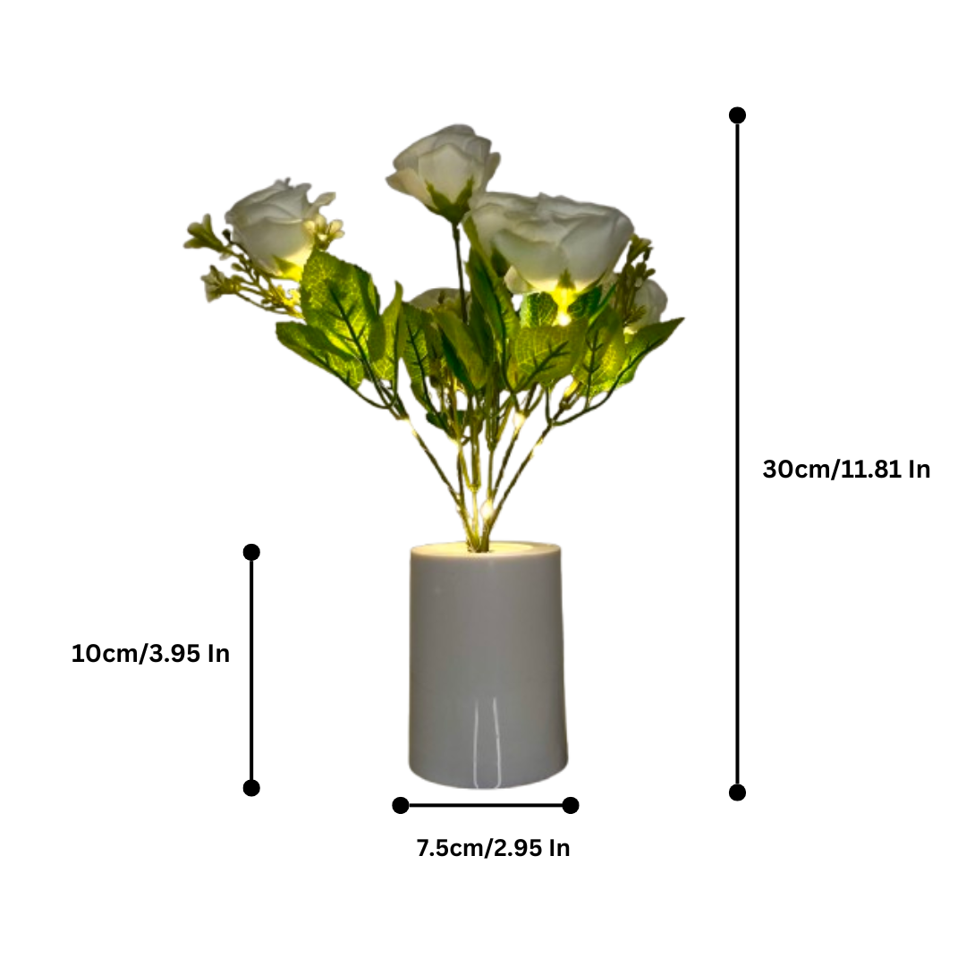 Aesthetic White Rose Flower Table Lamp Desk with LED Night Lights Battery Operated Artificial Whiteflowers with Vase Table Centerpieces for Home Living Room Birthday Holiday Party Wedding Decor
