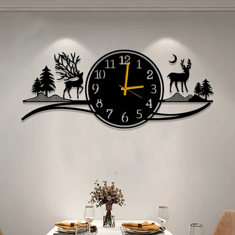 3D Deer in Forest Wall Clock Decoration Wooden Wall Decor
