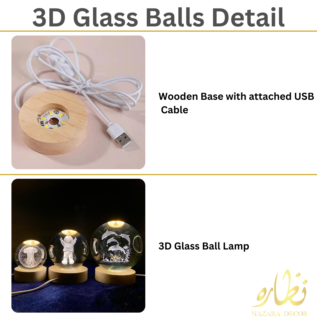 3D Crystal Ball Lamp | Night Light with Wooden Base | 3D Glass Ball Lamp | LED USB Table Lamp for Kids, Teens, Desktop and Home Decor