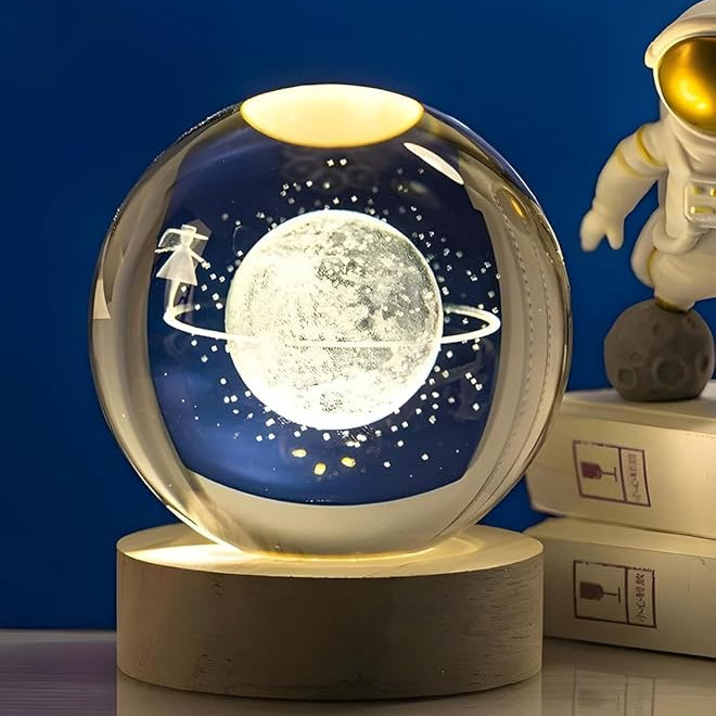 Big 3D Crystal Ball Lamp | Night Light with Wooden Base | 3D Glass Ball Lamp | LED USB Table Lamp for Kids, Teens, Desktop and Home Decor