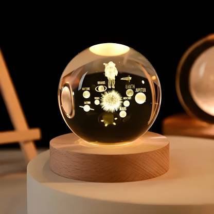3D Crystal Ball Lamp | Night Light with Wooden Base | 3D Glass Ball Lamp | LED USB Table Lamp for Kids, Teens, Desktop and Home Decor