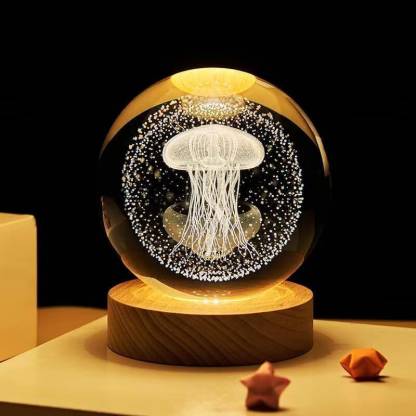 3D Crystal Ball Lamp | Night Light with Wooden Base | 3D Glass Ball Lamp | LED USB Table Lamp for Kids, Teens, Desktop and Home Decor, Luminous Crystal Ball