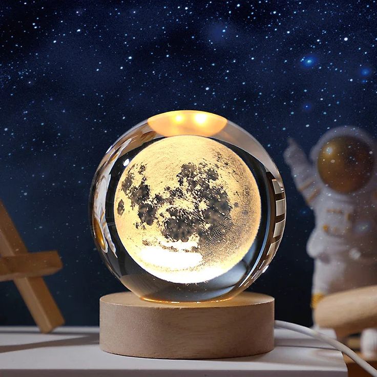 3D Crystal Ball Lamp | Night Light with Wooden Base | 3D Glass Ball Lamp | LED USB Table Lamp for Kids, Teens, Desktop and Home Decor