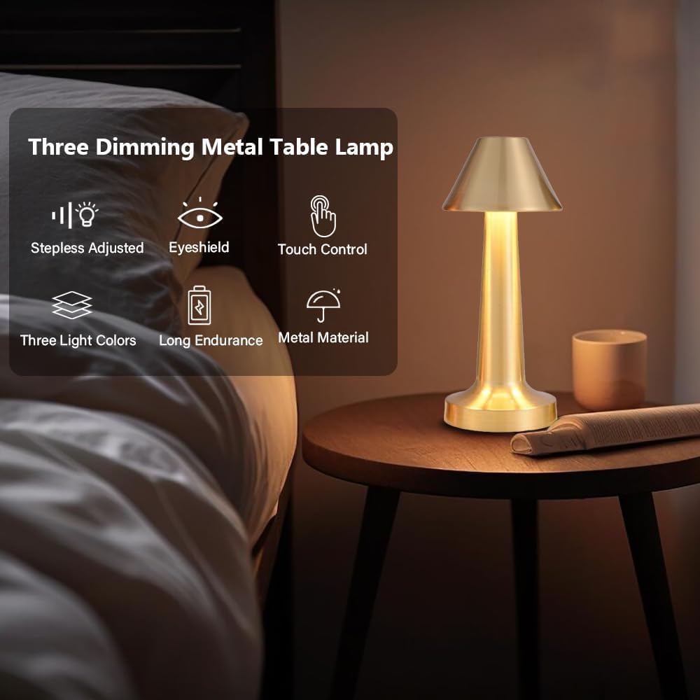 Modern Golden LED Metal Desk Lamp with Touch Sensor - 3 Light Modes, Dimmable, and USB Rechargeable for Desk Light Room, Restaurant, Home and Office Decor