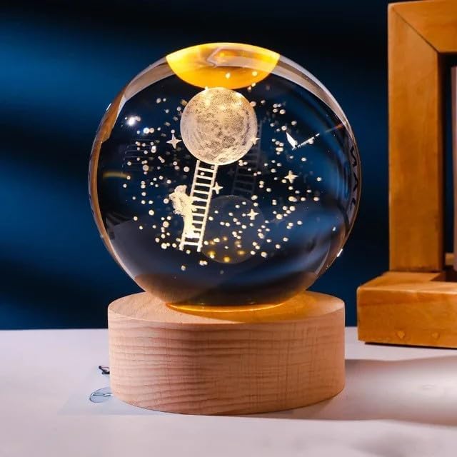 3D Crystal Ball Lamp | Night Light with Wooden Base | 3D Glass Ball Lamp | LED USB Table Lamp for Kids, Teens, Desktop and Home Decor, Luminous Crystal Ball