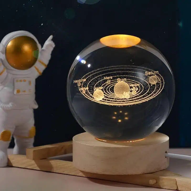 3D Crystal Ball Lamp | Night Light with Wooden Base | 3D Glass Ball Lamp | LED USB Table Lamp for Kids, Teens, Desktop and Home Decor