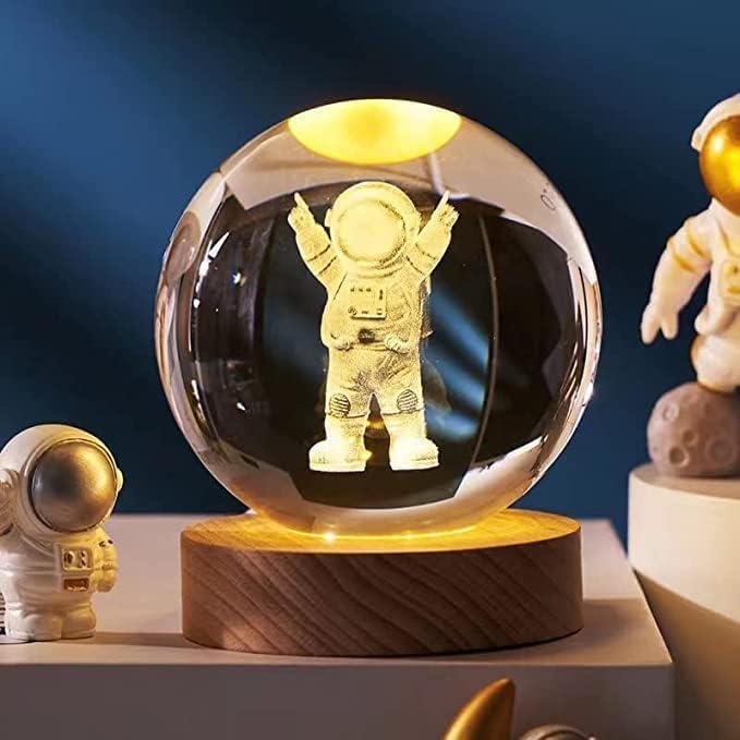 3D Crystal Ball Lamp | Night Light with Wooden Base | 3D Glass Ball Lamp | LED USB Table Lamp for Kids, Teens, Desktop and Home Decor
