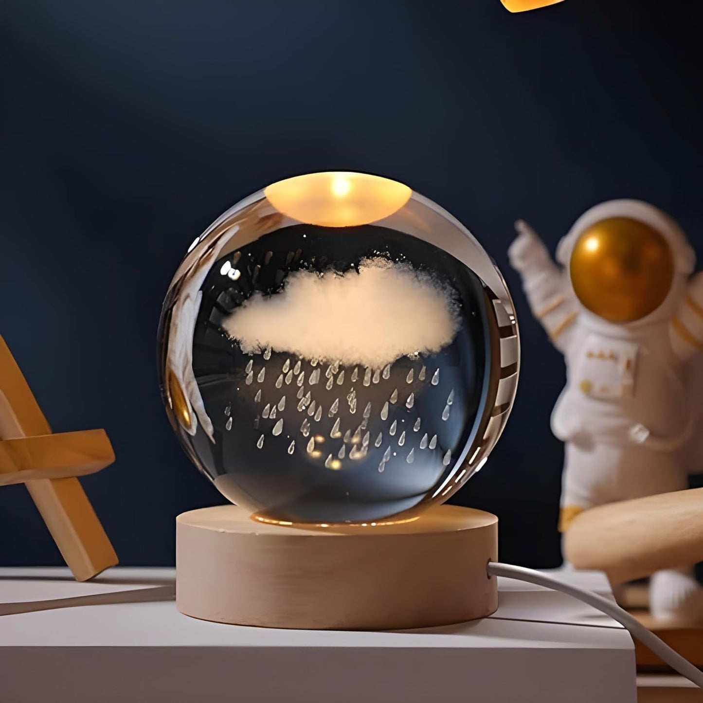 3D Crystal Ball Lamp | Night Light with Wooden Base | 3D Glass Ball Lamp | LED USB Table Lamp for Kids, Teens, Desktop and Home Decor