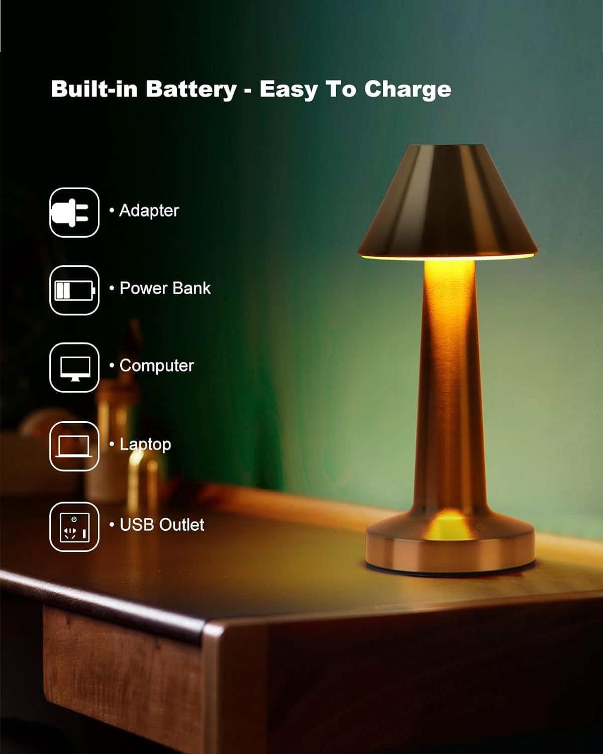 Modern Golden LED Metal Desk Lamp with Touch Sensor - 3 Light Modes, Dimmable, and USB Rechargeable for Desk Light Room, Restaurant, Home and Office Decor