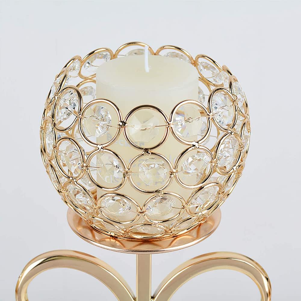 3 Step Crystal Candle Holder Globe, 3 Arm Candelabra with LED Candles Wedding Table Centerpiece Home Decor Golden