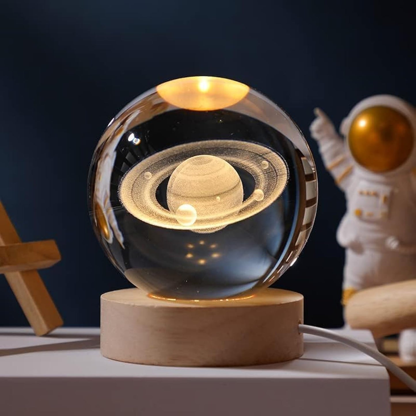 3D Crystal Ball Lamp | Night Light with Wooden Base | 3D Glass Ball Lamp | LED USB Table Lamp for Kids, Teens, Desktop and Home Decor