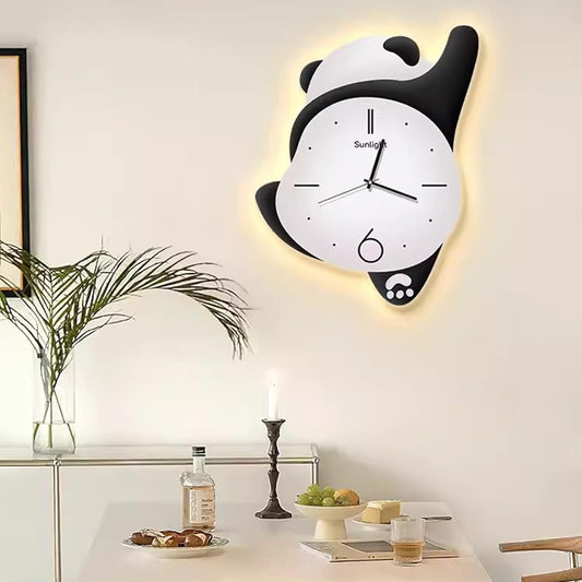 Cute Panda Pendulum Wall Clock with LED Lights for Kids Room Home Decor Living Room Kindergarten Simple Modern Creative Cartoon