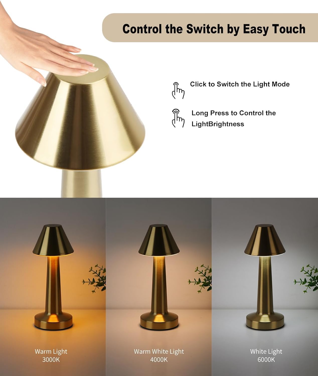 Modern Golden LED Metal Desk Lamp with Touch Sensor - 3 Light Modes, Dimmable, and USB Rechargeable for Desk Light Room, Restaurant, Home and Office Decor