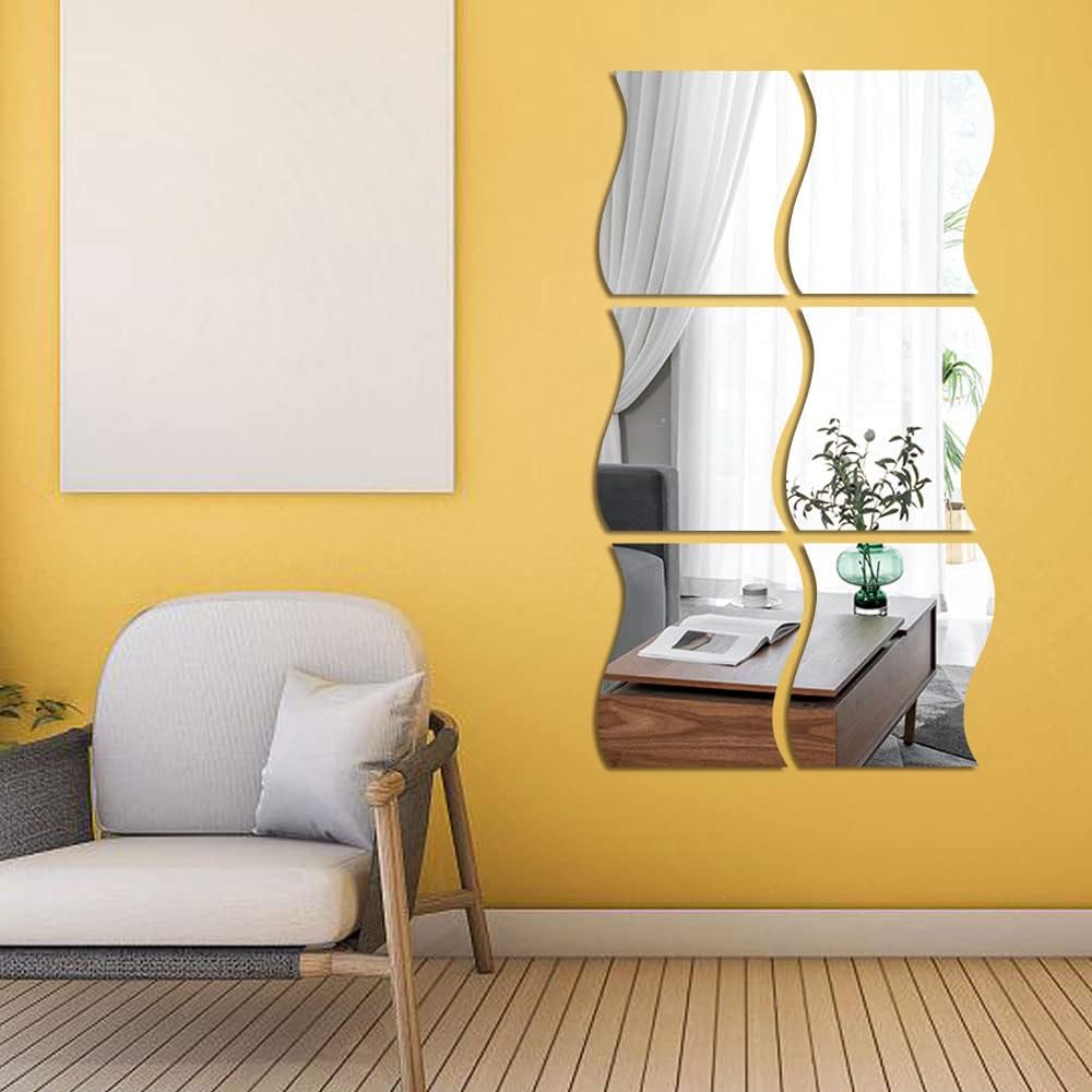 6x Wavy Silver Mirror Wall Acrylic, Full Length 3D Mirror Art DIY Home Decorative Acrylic Sheet Mirror Tiles for Home