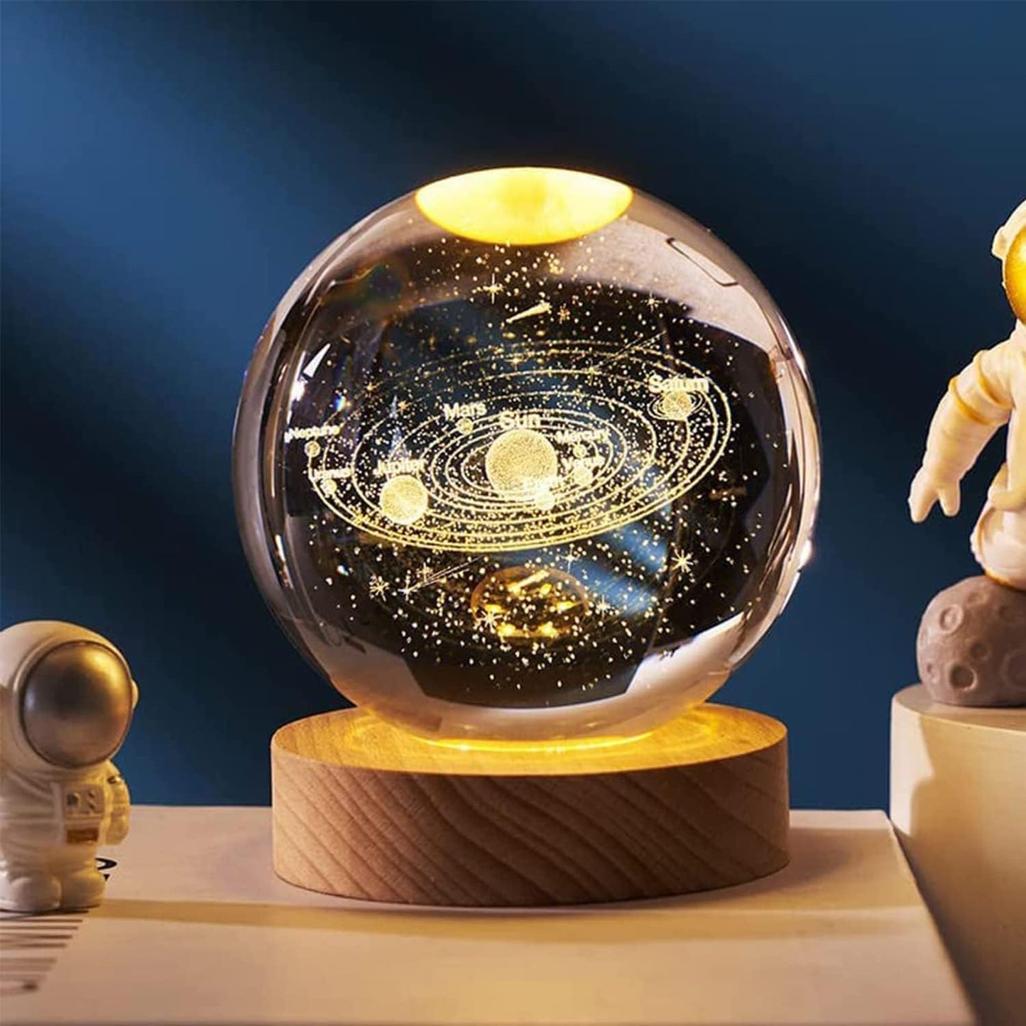 3D Crystal Ball Lamp | Night Light with Wooden Base | 3D Glass Ball Lamp | LED USB Table Lamp for Kids, Teens, Desktop and Home Decor, Luminous Crystal Ball