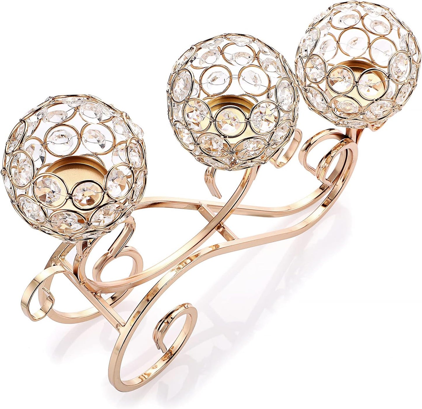 3 Step Crystal Candle Holder Globe, 3 Arm Candelabra with LED Candles Wedding Table Centerpiece Home Decor Golden