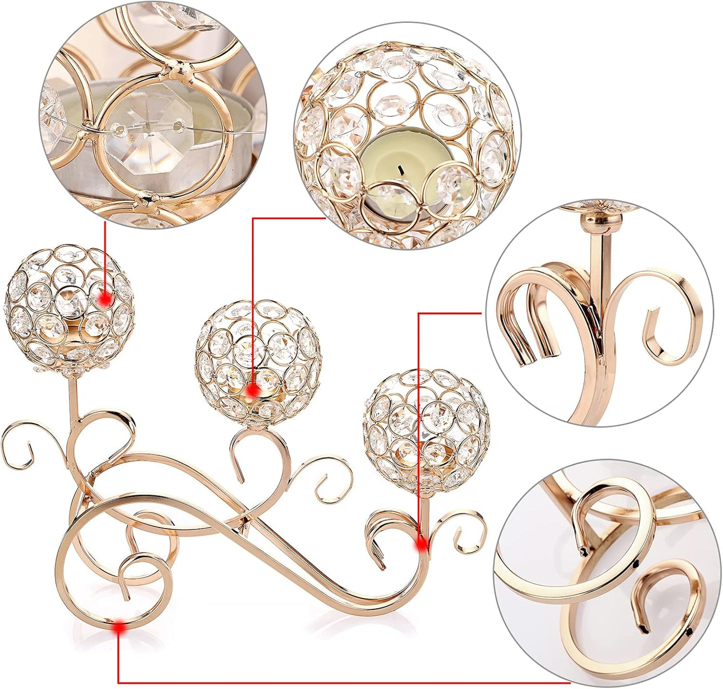 3 Step Crystal Candle Holder Globe, 3 Arm Candelabra with LED Candles Wedding Table Centerpiece Home Decor Golden