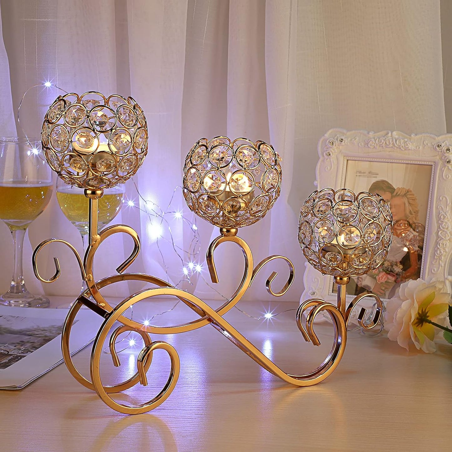 3 Step Crystal Candle Holder Globe, 3 Arm Candelabra with LED Candles Wedding Table Centerpiece Home Decor Golden