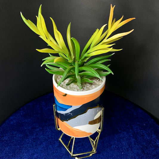 Japanese Style Funky Multi-Color Ceramic Artificial Succulent Plants with Golden Stand Modern Style Planter Artificial Plant with Cylindrical Golden Texture Pot