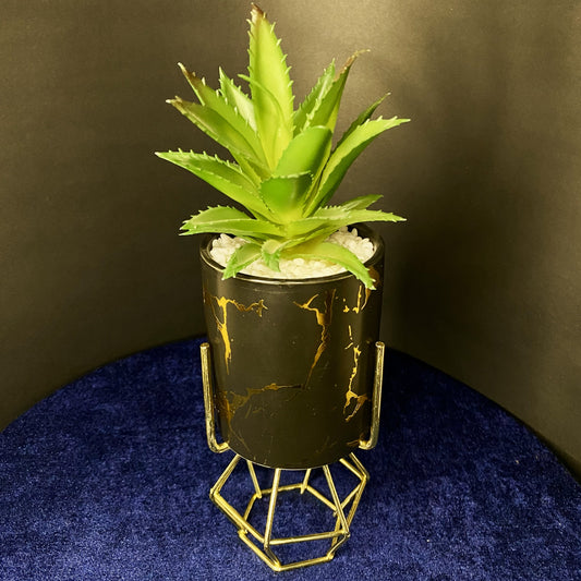 Japanese Style Ceramic Artificial Succulent Plants with Golden Stand Modern Style Planter Artificial Plant with Cylindrical Golden Texture Pots