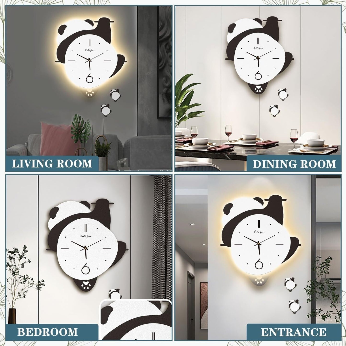 Climbing Panda Wall Clock, Cute Panda Wall Clock with Pendulum and LED Light, Animal Swinging Silent Wall Clock Hanging Clock, Living Room and Kids Room, Home Decoration Hanging Clock for Birthday Party Gifts