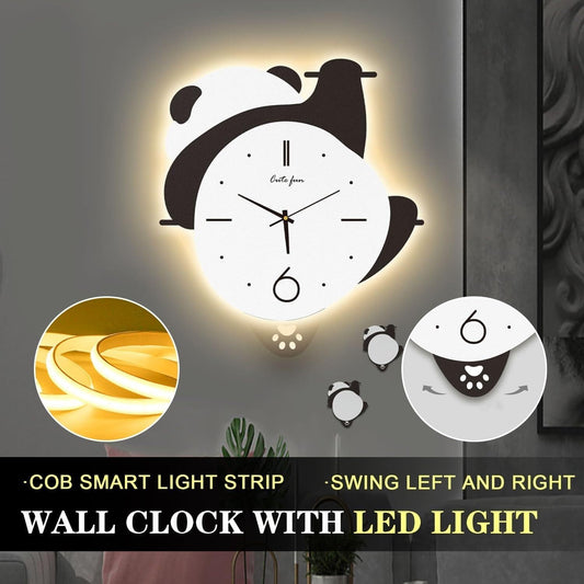Climbing Panda Wall Clock, Cute Panda Wall Clock with Pendulum and LED Light, Animal Swinging Silent Wall Clock Hanging Clock, Living Room and Kids Room, Home Decoration Hanging Clock for Birthday Party Gifts