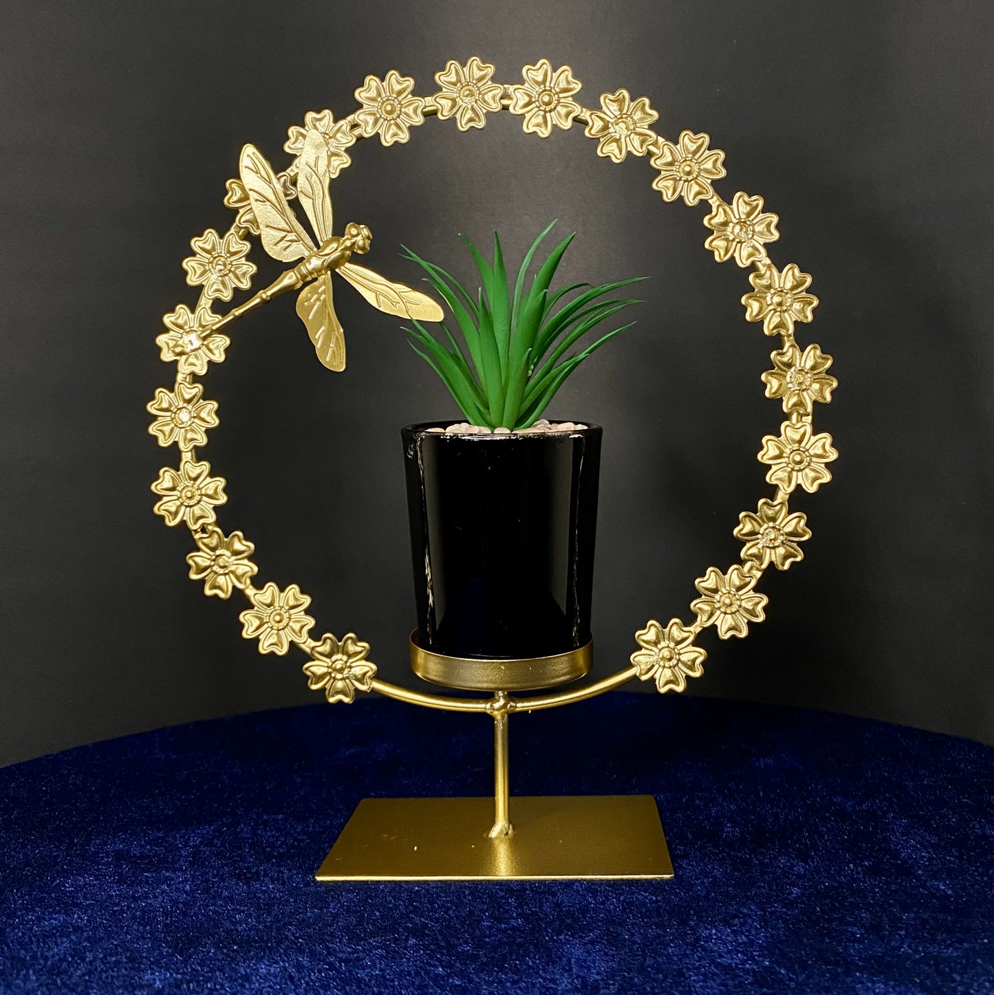 Gold Metal Dragonfly Floral Round Frame with Artificial Plant Ceramic Pot Decoration for Living Room, Dinning Room, Office desk, Home