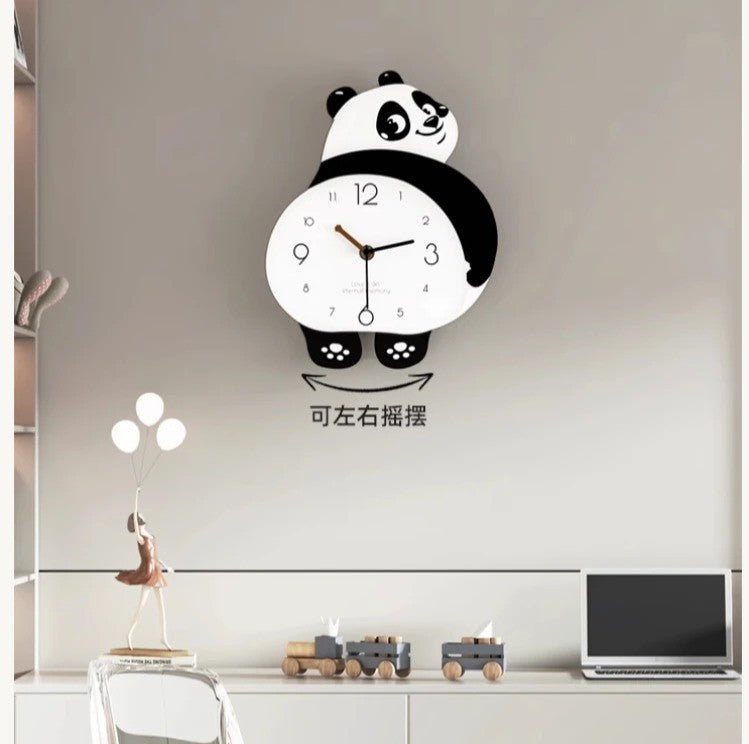 Funny Panda Wall Clock, Cute Panda Shape Wall Clock with Pendulum and LED Light, Animal Swinging Silent Wall Clock Hanging Clock, Living Room and Kids Room, Home Decoration Hanging Clock for Birthday Party Gifts