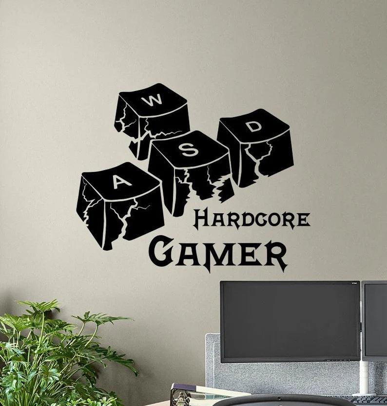 Hardcore Gamer Wall Decal – Gamer Room Sign, WASD Keyboard Keys, Video Game Art Murals, Gaming Quote