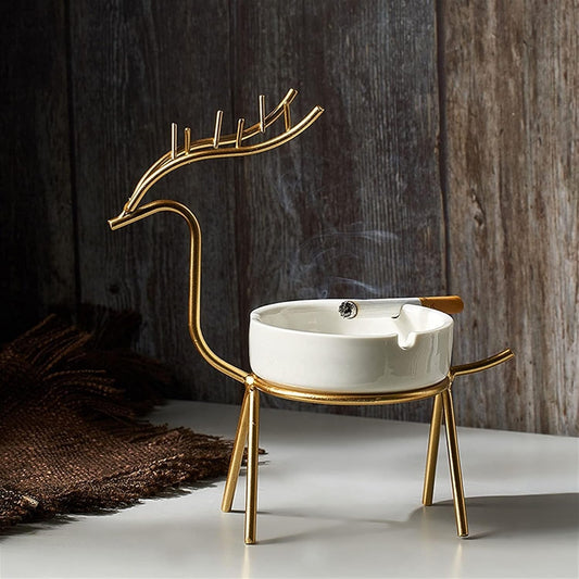 METALLIC GOLDEN GAZELLE ASH TRAY DECOR FOR OFFICE AND HOME
